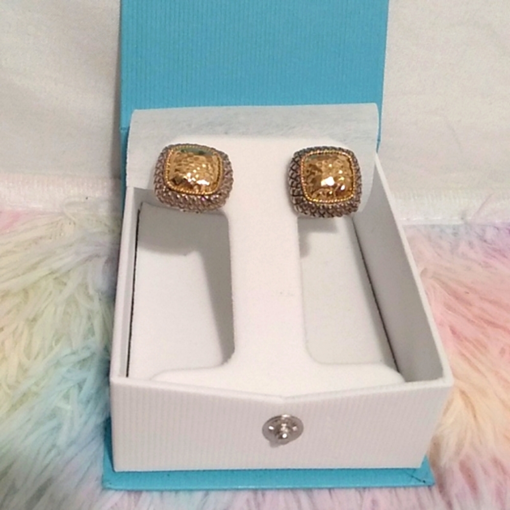 Auth Effy Sterling Silver 925/18kt Gold Hammered Square Earrings